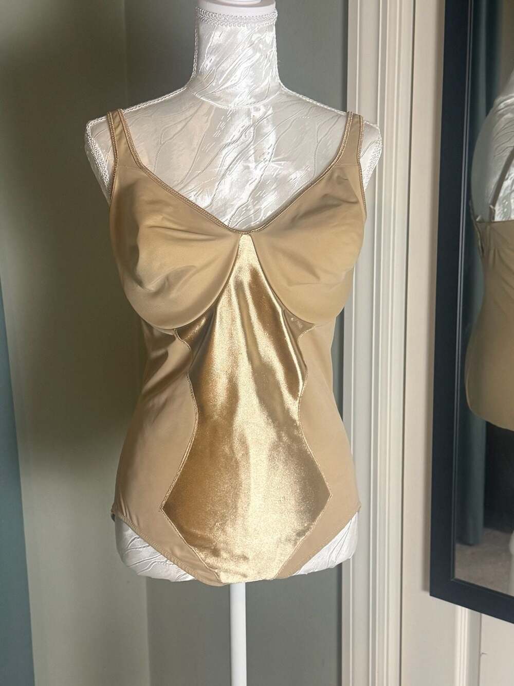 Sweet Nothings Vintage Y2K 40D Gold Satin Shapewear Bodysuit Body Briefer